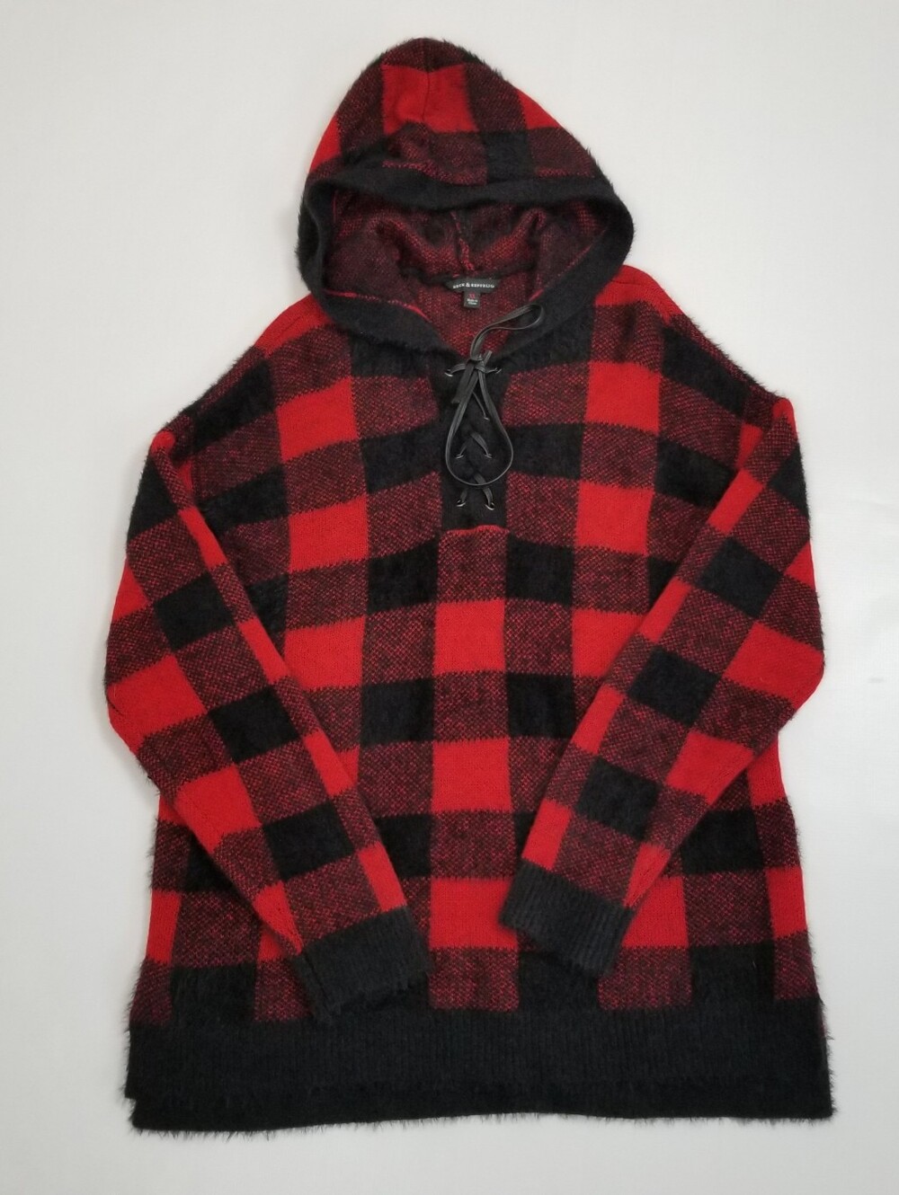 Rock & Republic Buffalo Plaid Fuzzy Hooded Sweater Size XL